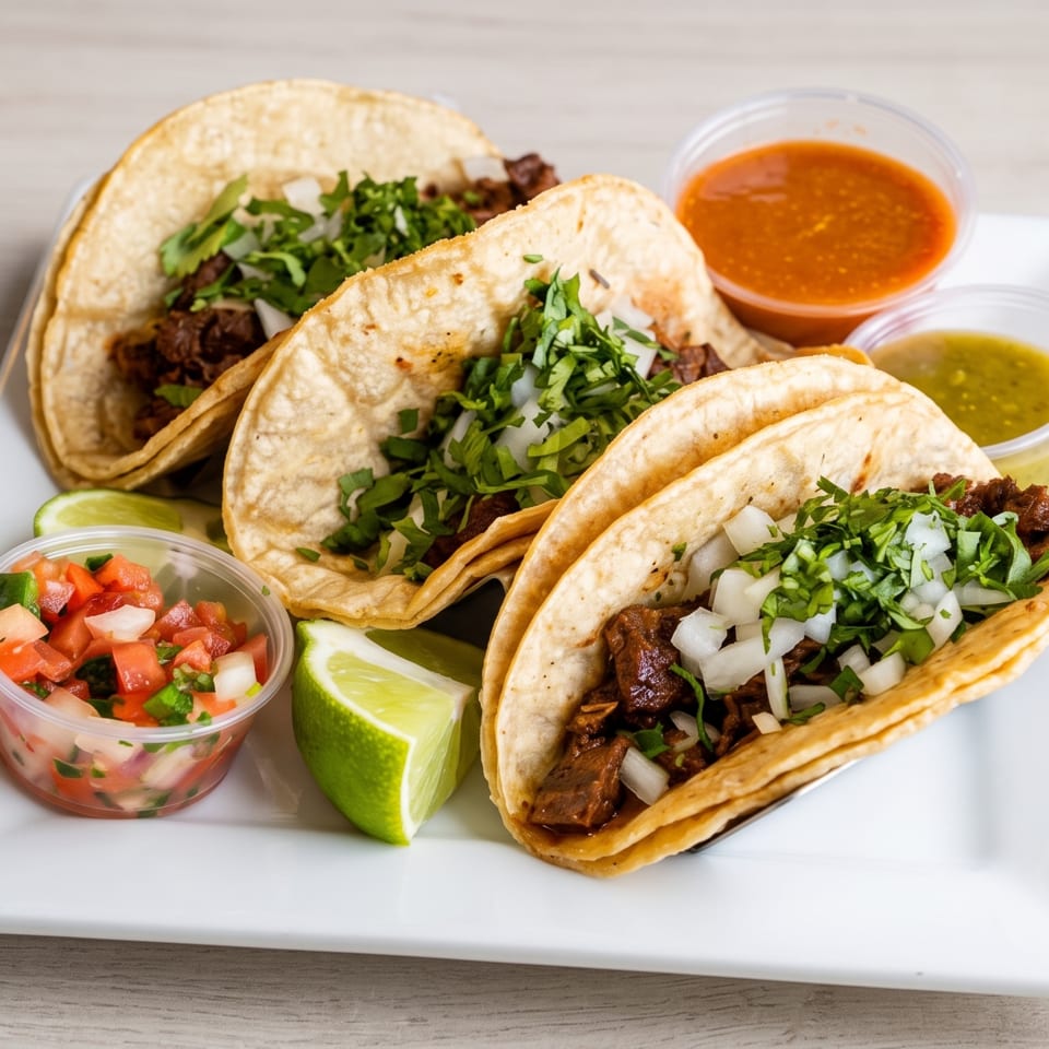 Three beef tacos topped with cilantro and onions, served with lime wedges, pico de gallo, and red and green salsa.