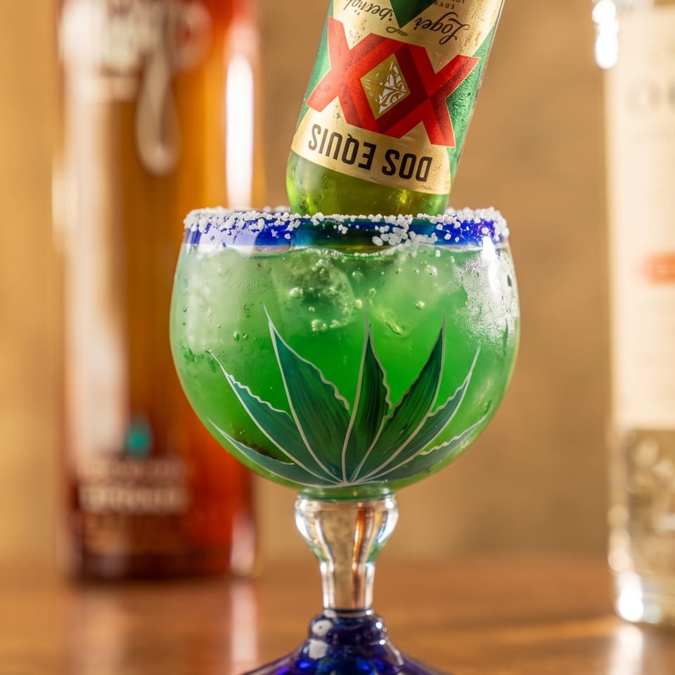 Green cocktail in a decorative blue goblet with a salted rim and Dos Equis beer bottle, set on a wooden bar.