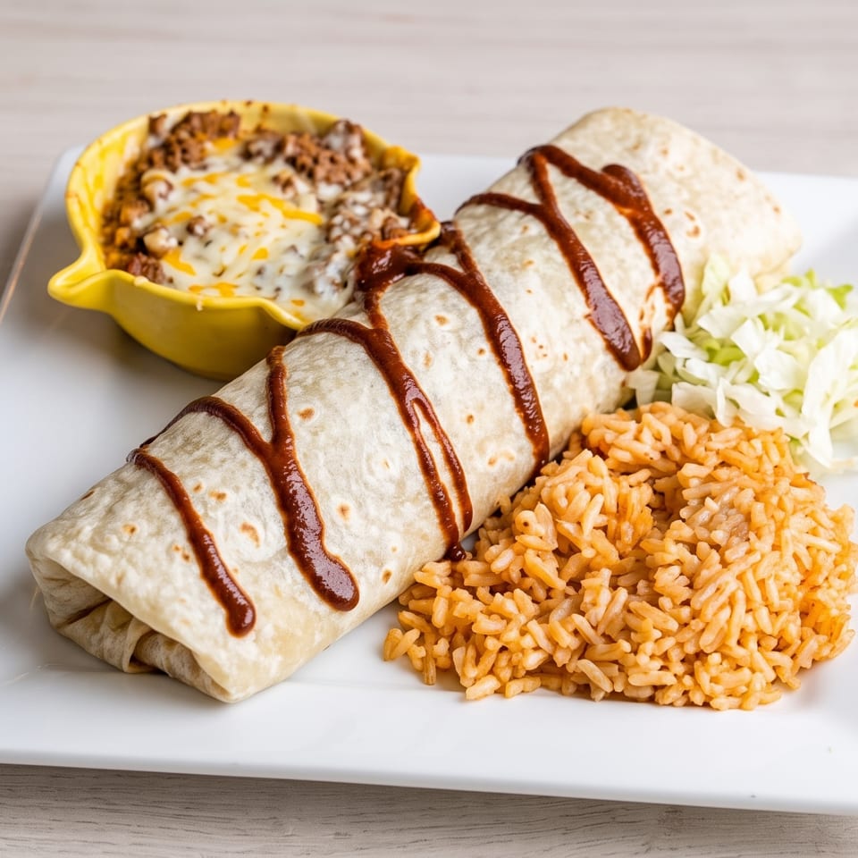 Burrito drizzled with sauce served alongside Mexican rice, shredded lettuce, and cheesy baked beans on a white plate.
