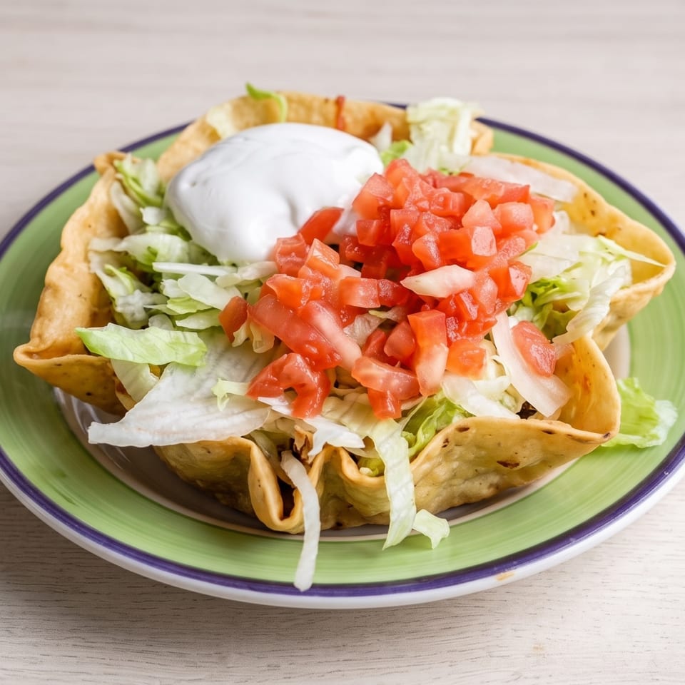 Crispy tortilla taco bowls filled with lettuce, diced tomatoes, and sour cream on a green plate.