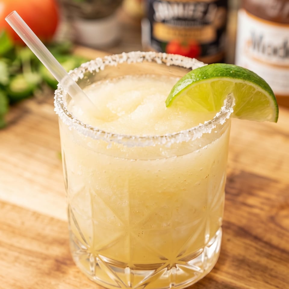 Refreshing citrus cocktail with a salted rim, lime garnish, and straw in a cut-glass tumbler on a wooden bar.