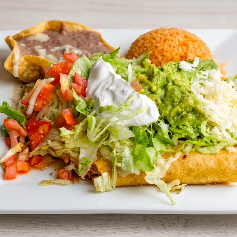 Mexican-style plate with crispy tacos, refried beans, seasoned rice, lettuce, tomatoes, guacamole, sour cream, and shredded cheese.
