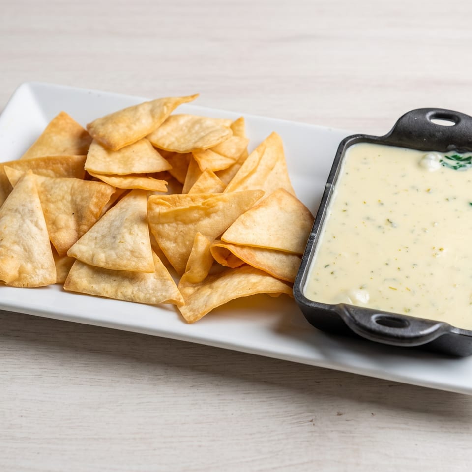 Crispy tortilla chips served with creamy seasoned cheese dip on a white rectangular plate.