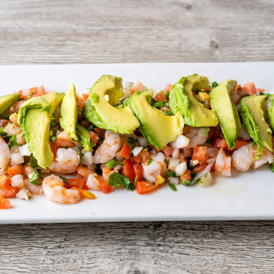 Shrimp ceviche topped with avocado slices, diced tomatoes, onions, and herbs on a white rectangular plate.